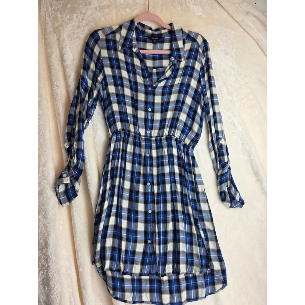 Express Blue White Plaid Button Down Shirt Dress Roll‎ Tab Sleeves Size S